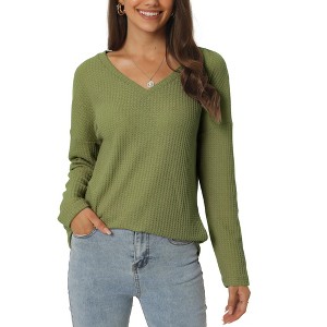 Seta T Women's V Neck Waffle Knit Long Sleeve Casual Tunic Blouses - 1 of 4