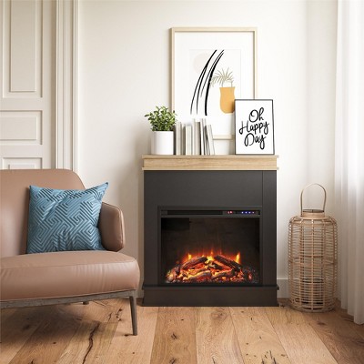 Mateo Black Electric Fireplace with Natural Wood Mantel