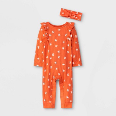 Image of Baby Girls' Asterisk Rib Romper with Headband - Cat & Jack™ Coral Pink 0-3M
