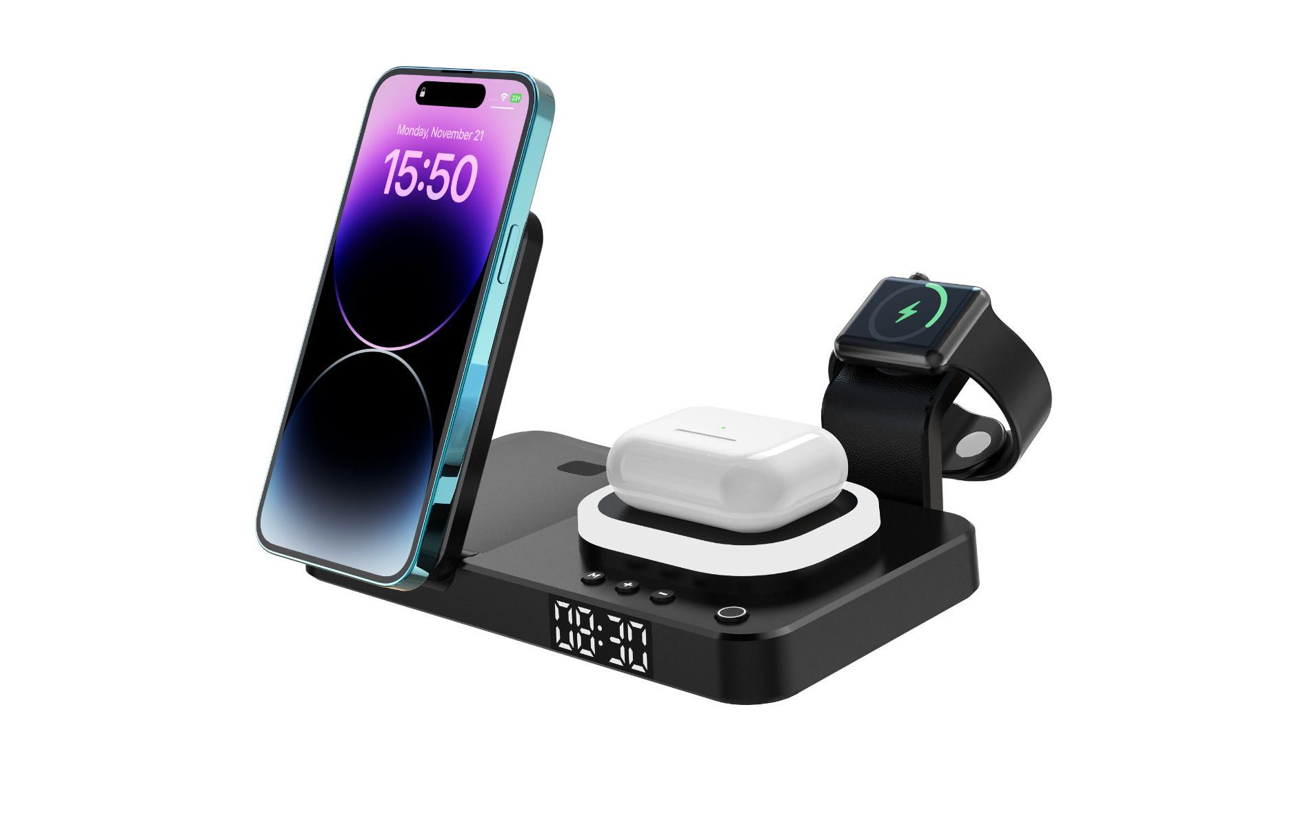 RadioShack 3 in 1 Wireless Magnetic Charger For Smartphones, Earbuds and Smart Watches for Nighttable with Clock