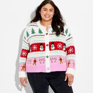 Women's Holiday Icons Festive Graphic Cardigan - Cream - 1 of 3