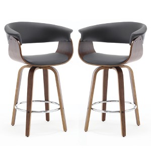 Bekrvio 26" Mid Century Modern Swivel Counter Height Bar Stools - PU Leather Upholstered with Back, Walnut Bent Wood Legs for Kitchen Island Dining - 1 of 4