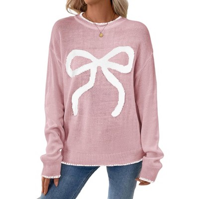 Garvee Womens Bow Knit Sweater Crew Neck Long Sleeve Knitted Pullover Contrast Trim Knitwear