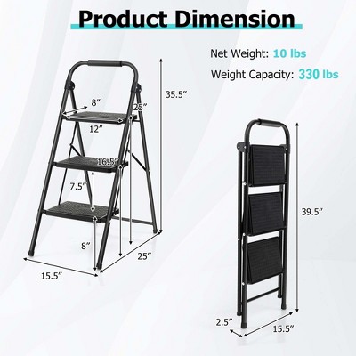 Black Metal Folding 3-Step Ladder with Anti-Slip Pedals