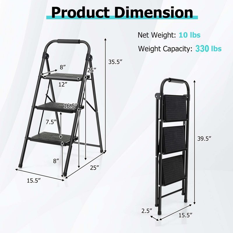 Costway 3 Step Ladder Folding Step Stool 330lbs Capacity w/ Anti-Slip Pedal & Handle, 3 of 11