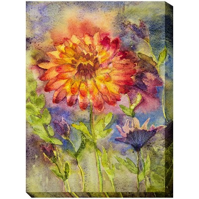 Cottage Garden West of The Wind Zinnia Orange, Purple, Green 40 x 30 Inch Waterproof Gallery Wrapped Canvas, Outdoor Garden, Yard, Patio All Weather