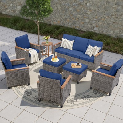 Buenhomino 8-Piece Outdoor Patio Set – 4 Single Chairs, 2 Ottomans, Sofa & Side Table, All-Weather Wicker with Cushions, Beige