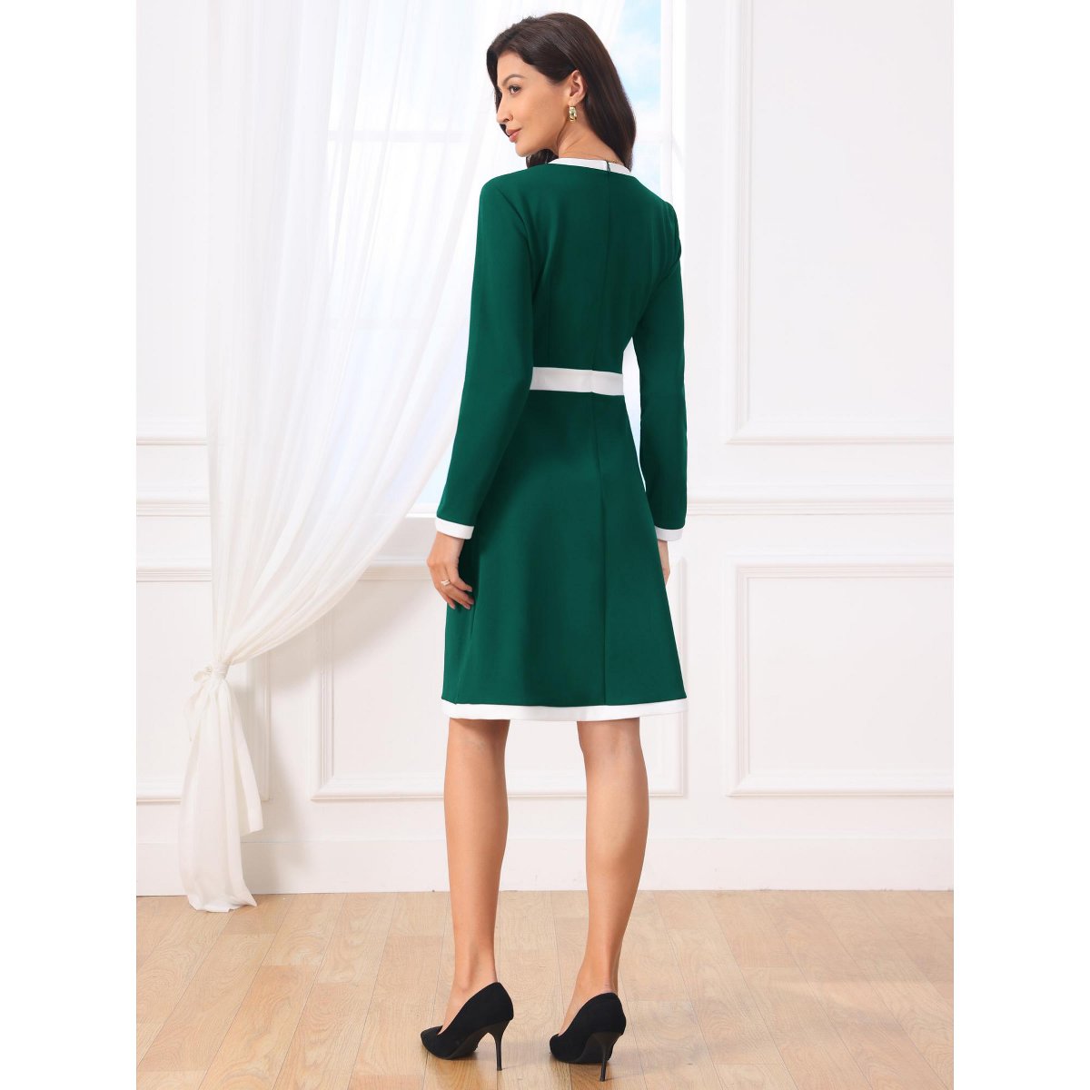 Женские платья INSPIRE CHIC Women's Work A-Line Long Sleeve Contrast Color Dresses Dark Green Medium — фото 5