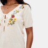 Knit & Lounge Women’s Embroidered Floral Detail Knit Top with Tie Front Short Sleeves Deep V Neck Lightweight - 3 of 4