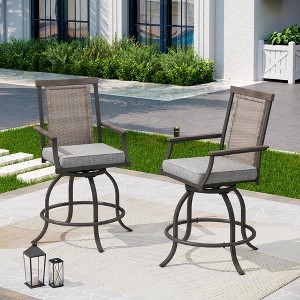 Captiva Designs 2pc Patio Rattan Backrest Metal Bar Swivel Chair with Wood-look Armrest and Gray Thickened Cushion - 1 of 4