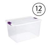 Sterilite 17571706 66-Quart ClearView Latch Box Storage Tote Container with Purple Handles for Home or Office Organization, 12 Pack