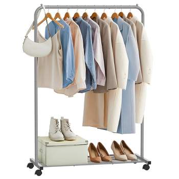 SONGMICS 110 lb Load Capacity Clothes Rack with Wheels Garment Rack with Storage Shelf Clothing Rack for Bedroom 2 Brakes Steel Frame