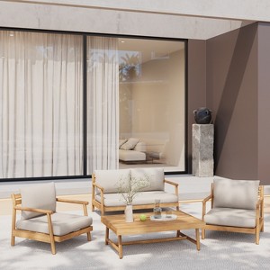 Christopher Knight Home Selina 4 Piece Rustic Outdoor Slatted Design Acacia Wood Upholstered Seating Set, Teak/Beige - 1 of 4