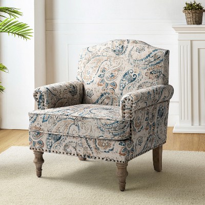 Yahweh Wooden Upholstered  Floral Pattern Design Armchair with Panel Arms and Camelback  | ARTFUL LIVING DESIGN