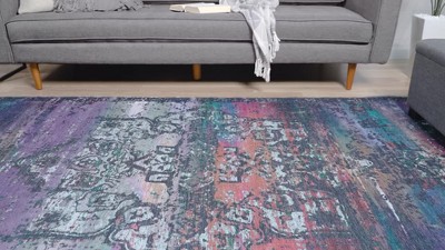 Blue Green Square Synthetic Medallion Washable Rug