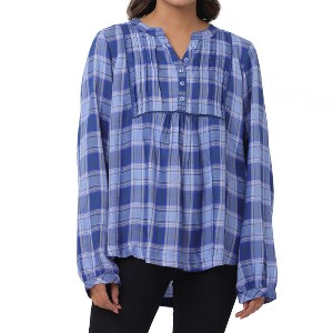 da-sh Women's Loose Fitting Peasant  Top | Blue Plaid - 1 of 4