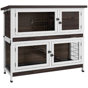 PawHut Rabbit Hutch, Outdoor 2-Tier Wooden Guinea Pig Cage with Removable Trays, Ramp, Asphalt Roof for 1-2 Rabbits, No Screws Installation, Brown - 1 of 4