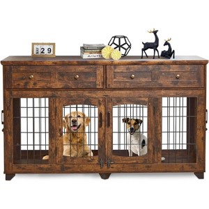 58" Large Dog Cage Furniture, Double Dog Cage Furniture with 2 Drawers and Removable Dividers, Heavy Duty Wooden Dog Cage Table, Suitable for 2 Dogs - 1 of 4