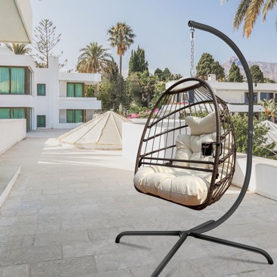 DOMETOUR Swing Egg Chair with Stand, Indoor/Outdoor Wicker Rattan Hanging Chair with Cushion, Pillow & Cup Holder