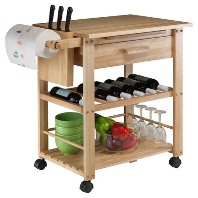 Transitional Brown Wood Kitchen Cart with Wine Storage and Knife Block