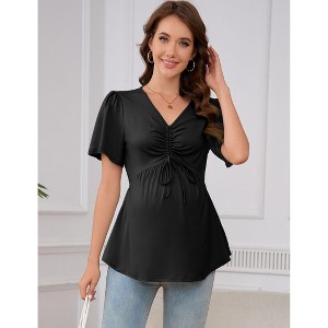Maternity Drawstring V Neck Top Casual Short Sleeve Pregnancy T-Shirt - 1 of 4