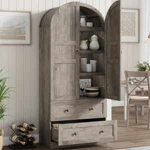 71" High Arched Bookcase, Wooden Arched Bookshelf With Doors and Drawers, Large Arched Display Bookcase With Storage, Suitable for Office Living Room - 1 of 4