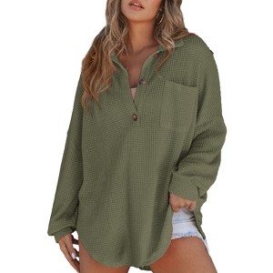 BLUEMING Womens Waffle Knit Tops Oversized Long Sleeve Henley Shirts Casual V Neck Loose Fit Tunic Blouse - 1 of 3