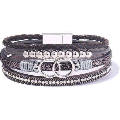 Boho Wrap Bracelet with Infinity Design, Leather Cuff Bangle with Magnetic Clasp, Stackable Jewelry Gift for Mom