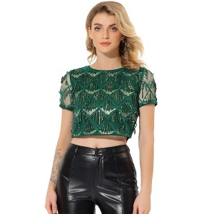Allegra K Women's Christmas Sequin Shiny Glitter Crop Sheer Short Sleeves Tassel T-Shirt - 1 of 4