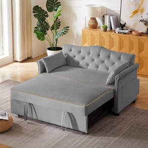 Velvet Sleeper Sofa Bed with Convertible Backrest, Tufted Back and Nailhead Trim Armrests - 1 of 4