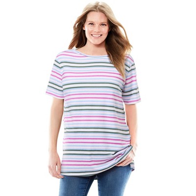 Woman Within Plus Size Perfect Printed Short-Sleeve Boatneck Tunic