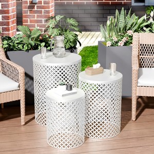VisioGear Patio End Tables, 3-pcs Patio End Tables, Indoor Outdoor Nesting End Carved Trellis Design Side Table, White, 12.5"*12.5"*16.5" - 1 of 4