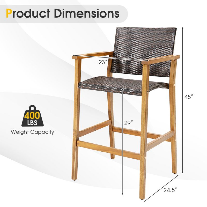 Costway 2PCS/4PCS Patio PE Wicker Bar Chairs Height Barstools with Acacia Wood Armrests Balcony, 4 of 10
