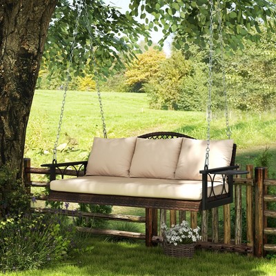 Brown Wicker Hanging Porch Swing with Beige Cushions and Steel Frame