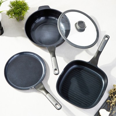 BergHOFF Leo Stone+ 4Pc Nonstick Ceramic Cookware Set With Glass Lid, Recycled Cast Aluminum