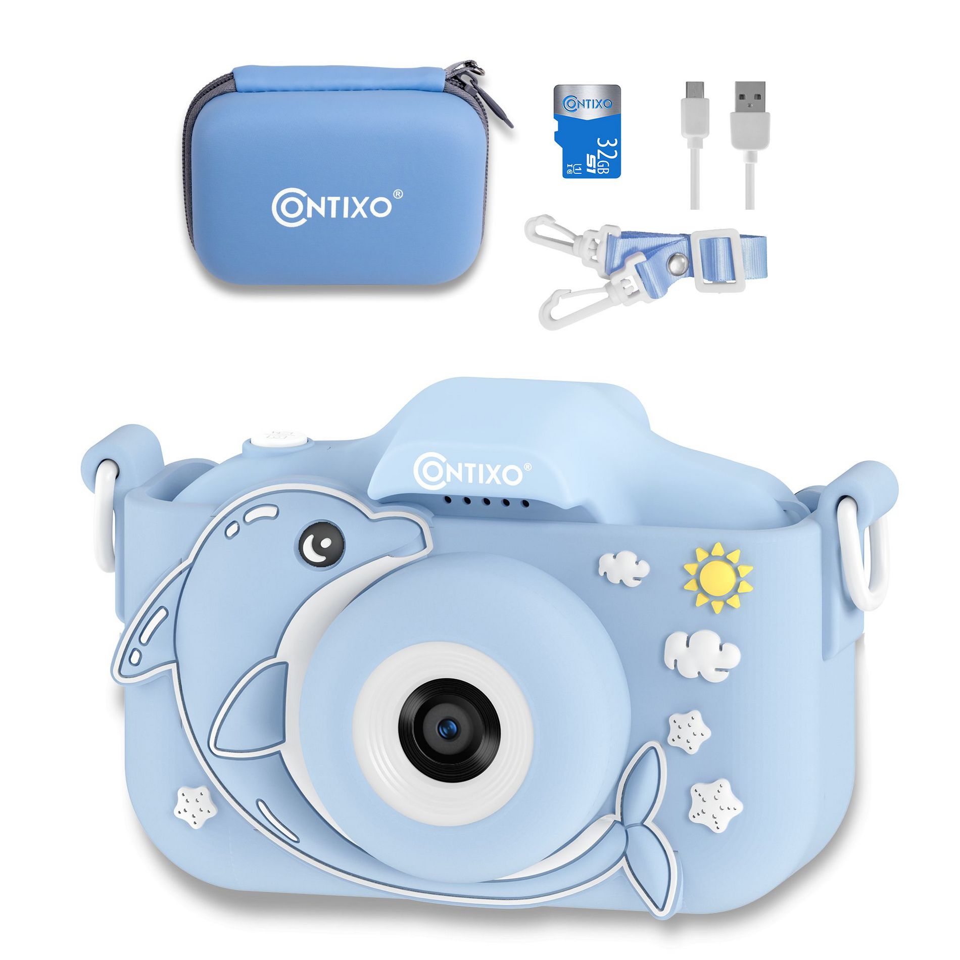 Contixo Kids Digital Camera, 1080p HD, Dual Lens, 4x Zoom, Games, Toddler Toy Gift for Boys Girls Ages 3-8 - Blue Dolphin