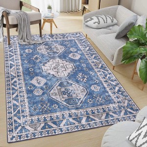 Blue Floral Printed Ultra Thin Indoor Area Rug Non Slip Washable Low Pile Stain Resistant Carpet - 1 of 4