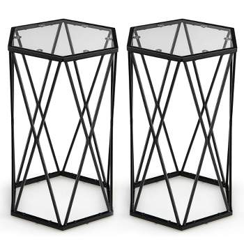 Costway Set of 2 End Table Tempered Glass Top Metal Frame Hexagonal Accent Side Table