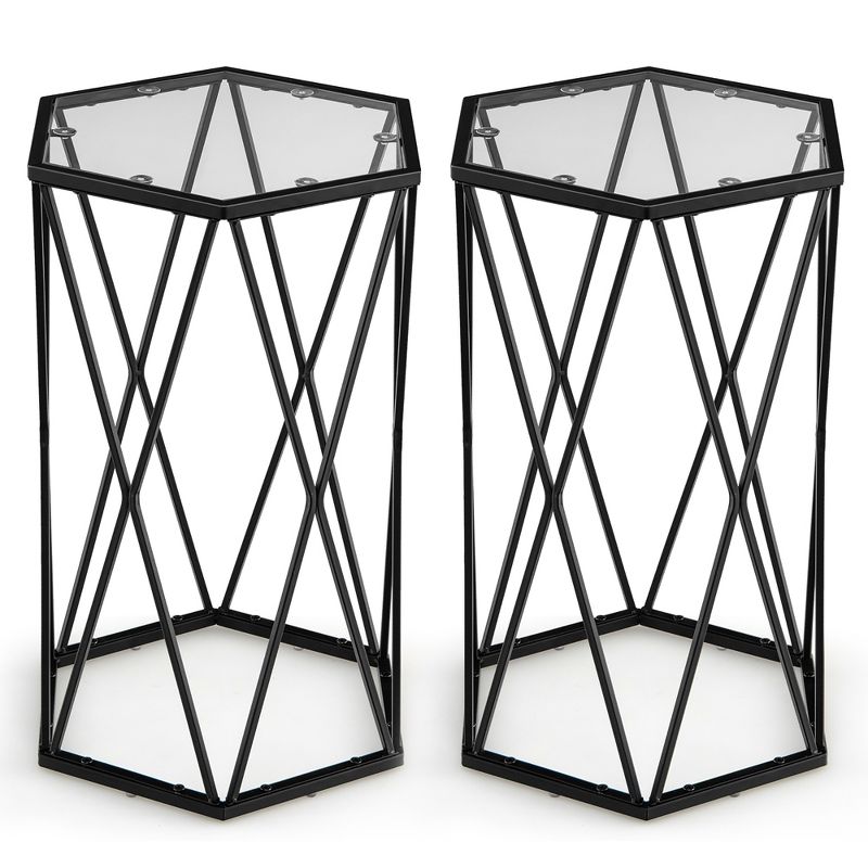 Costway Set of 2 End Table Tempered Glass Top Metal Frame Hexagonal Accent Side Table, 1 of 11