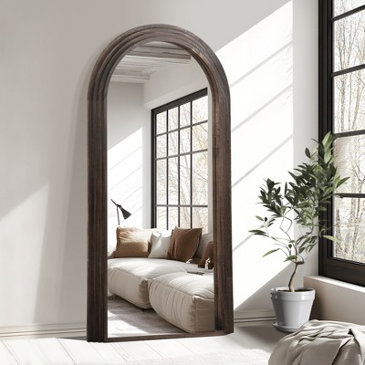 Wooakway Solid Wood Accent Wall Mirror Arched Full Length Mirror Rustic Leaning Mirror for Living Room Bedroom Entryway Charcoal/Weathered White