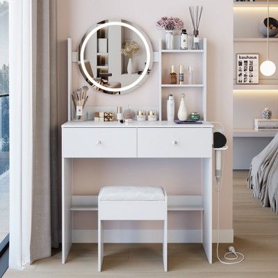 17" Makeup Drawer Dressing Table, Adjustable Brightness 3 Colors Round LED Lighted with 2 Drawers