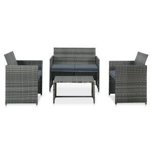 vidaXL 4 Piece Patio Lounge with Cushions Set Poly Rattan Gray - 1 of 4