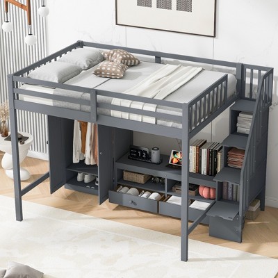 Whisen Modern Design Full Size Loft Bed with Wardrobe,Table and Storage Staircase
