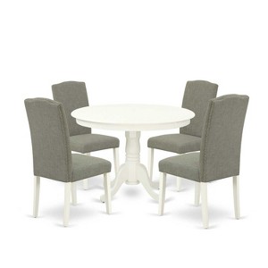 Round Dinette Set 5Pc - 42 Inch Table & 4 Chairs - Modern Kitchen Set - Linen White Legs - Dark Shitake Fabric - 1 of 4