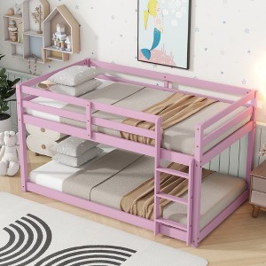 Vynxaria Solid Rubber Wood Twin Over Twin Floor Bunk Bed with Ladder & Strengthened Slats - 1 of 4