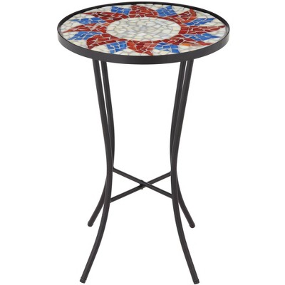 Sunburst Mosaic Red Top 21" Outdoor Accent Side Table Set with Black Iron Frame