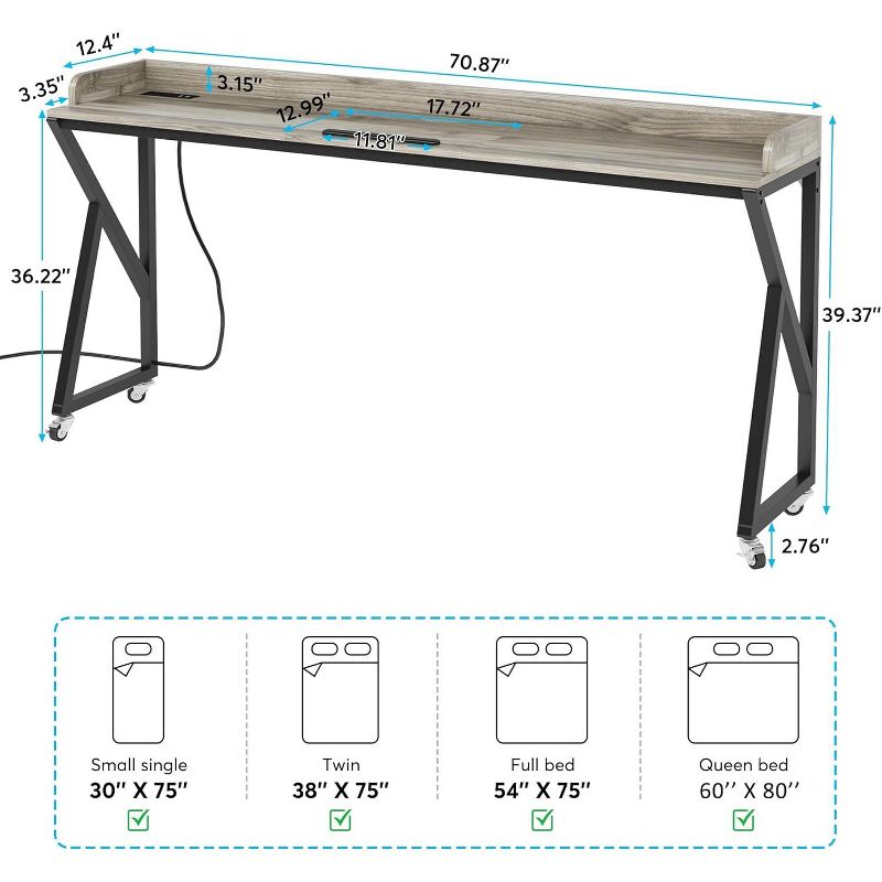 Tribesigns 70.9" Over Bed Desk with Adjustable Tilt Board, Mobile Laptop Cart with 2 AC Outlets & 2 USB Ports on Wheels for Home/Hospital, 3 of 11
