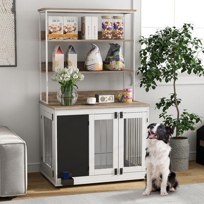 Large White Particleboard and Steel Dog Crate Table with Shelves