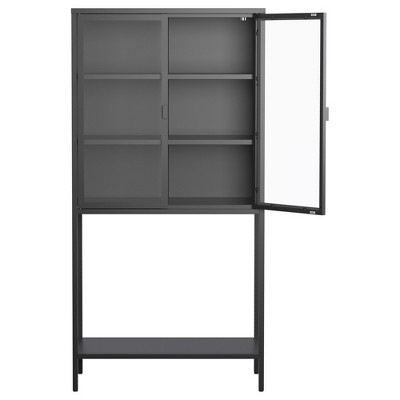 VYNXARIA Heavy - Duty Metal Storage Cabinet with Black Finish, Doubling as Decorative Bookshelf, Featuring Glass Doors & 2 Adjustable Shelves