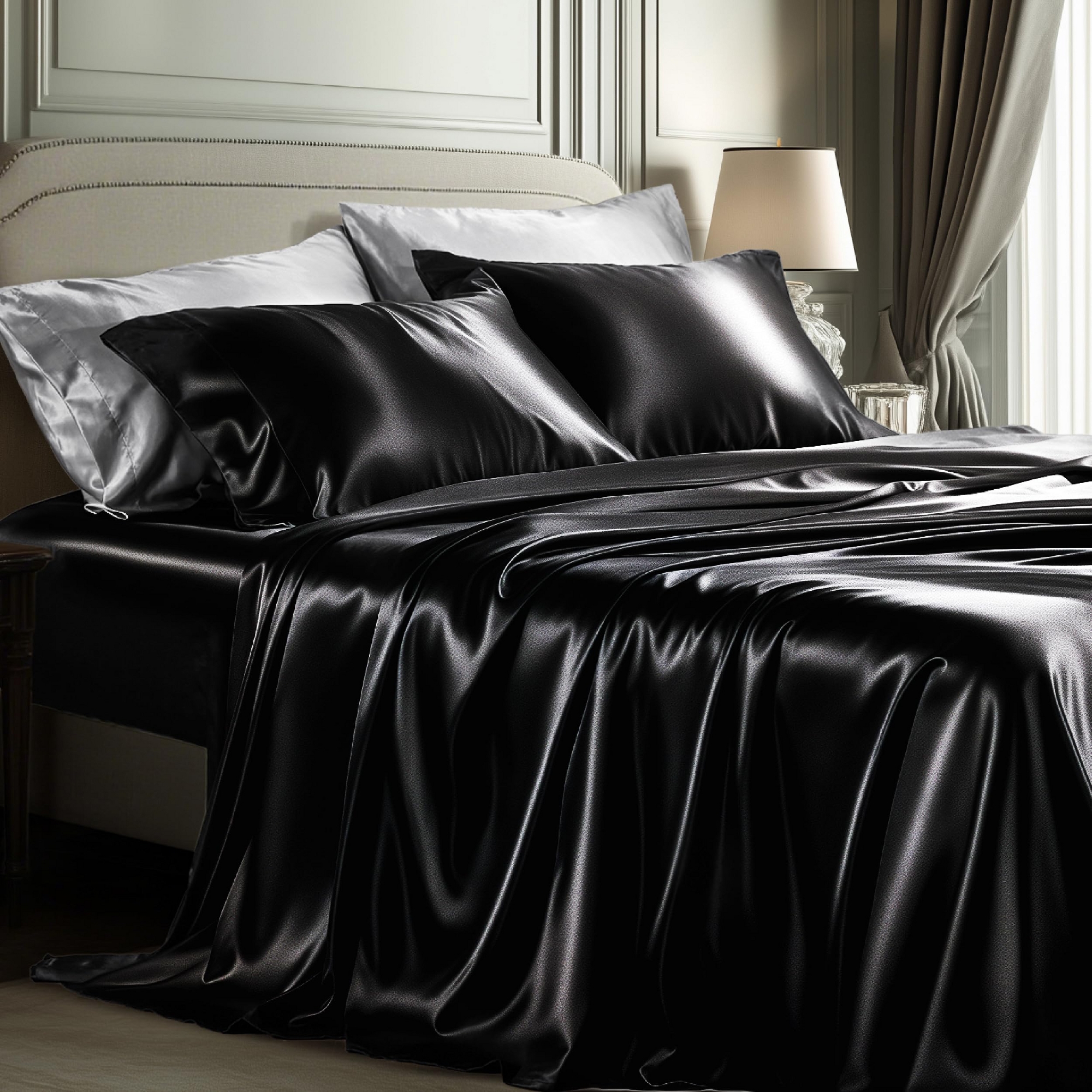 Bedsure Satin Sheets, 4 Piece Queen Sheet Set, Silky Bedsheets with Elastic Corner Straps and 15 Inches Deep Pocket Fitted sheet, Good for Hair & Skin